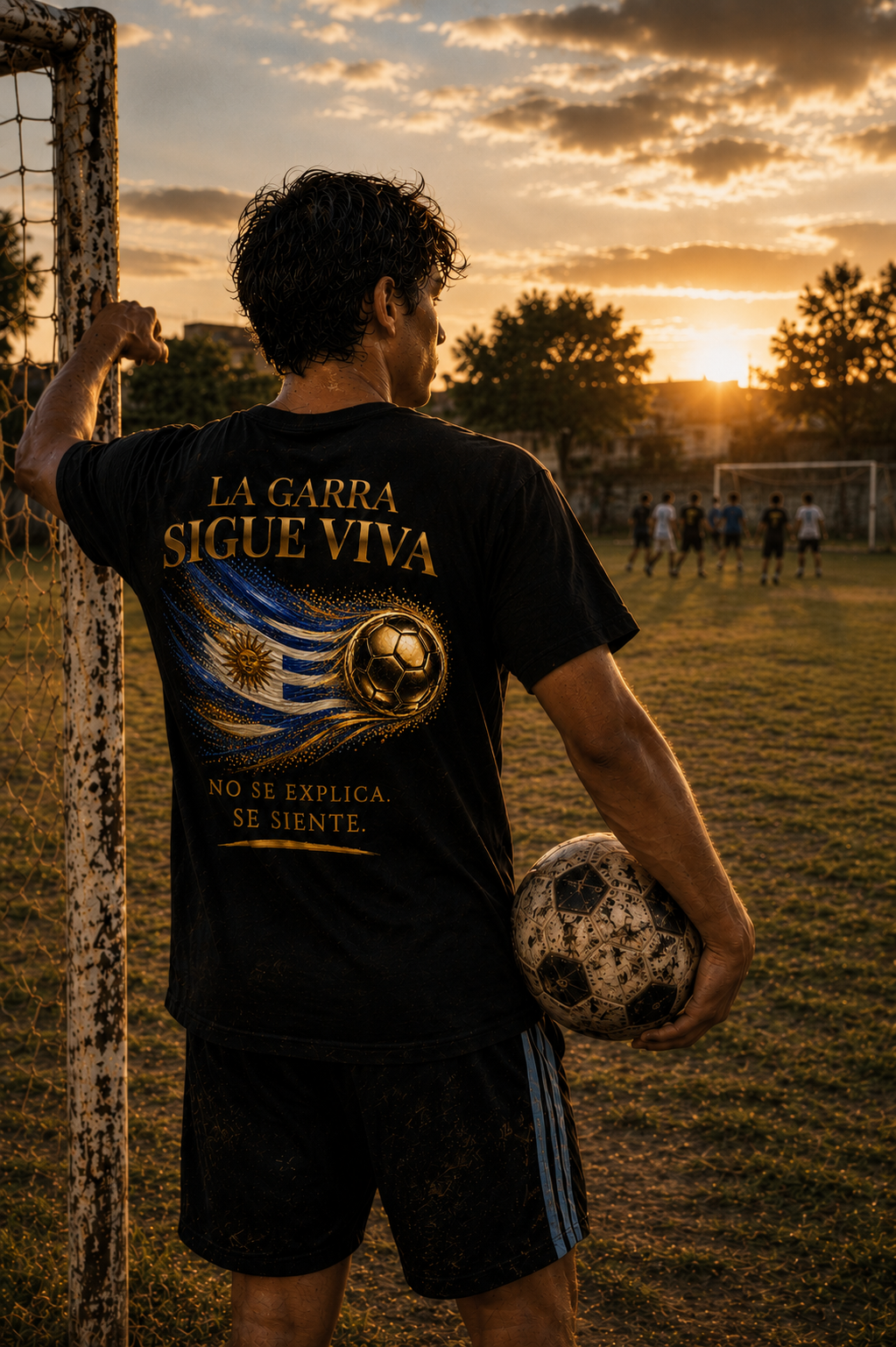 La Garra Sigue Viva Tee | Diseño Dorado de Fútbol y Bandera de Uruguay | Back Print