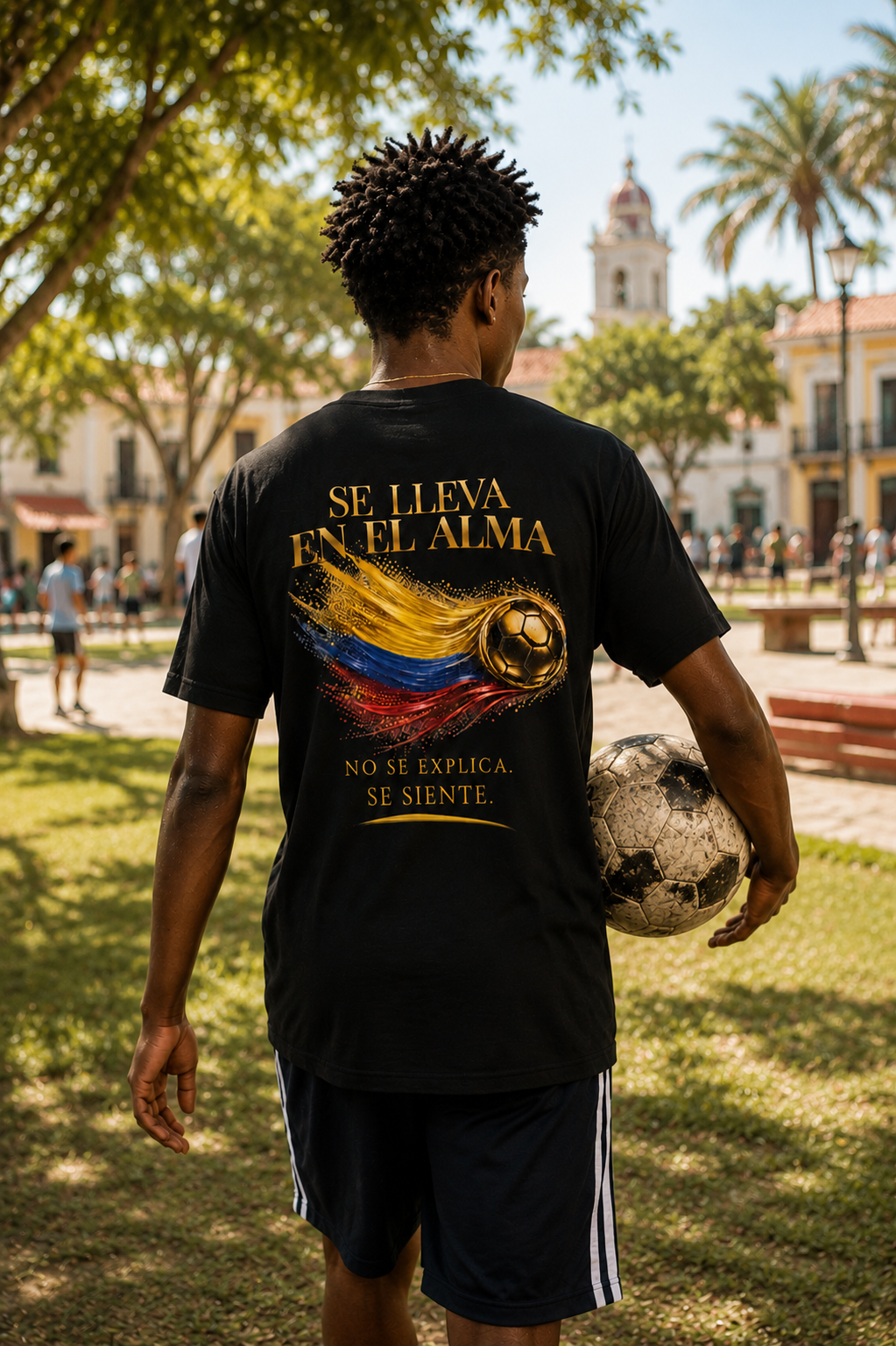 Se Lleva En El Alma Tee | Diseño Dorado de Fútbol y Bandera de Colombia | Back Print